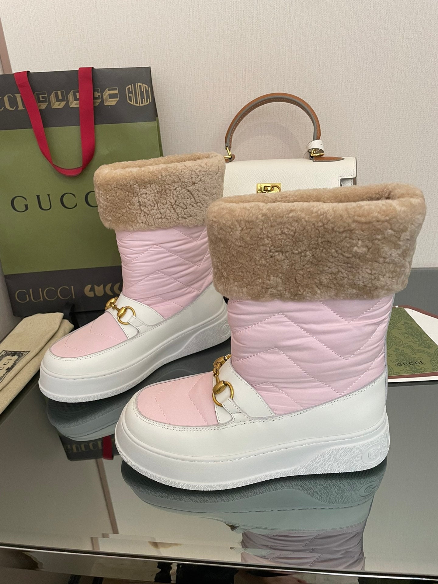 HORSEBIT ANKLE BOOTS WITH MERINO TRIM IN LIGHT PINK NYLON MIX WHITE CALFSKIN