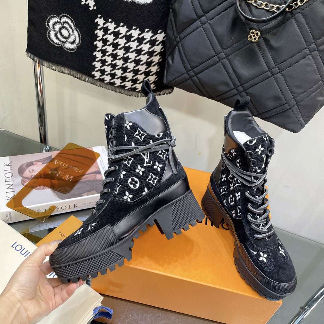 LAUREATE PLATFORM BOOTS IN BLACK MIX WHITE SUEDE AND MONOGRAM JACQUARD PATTERN