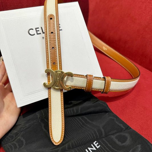 TRIOMPHE BELT 25MM REVERSIBLE IN WHITE FABRIC AND BROWN CALFSKIN WITH GOLD BUCKLE