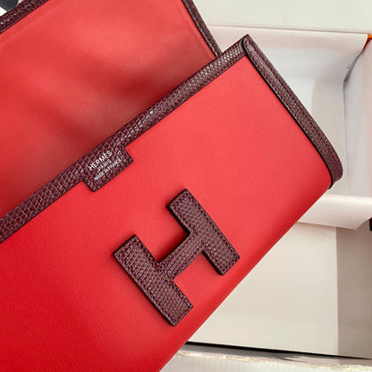JIGE ELAN 29 CLUTCH IN CANDY RED CALFSKIN WITH WINE RED LIZARD SKIN