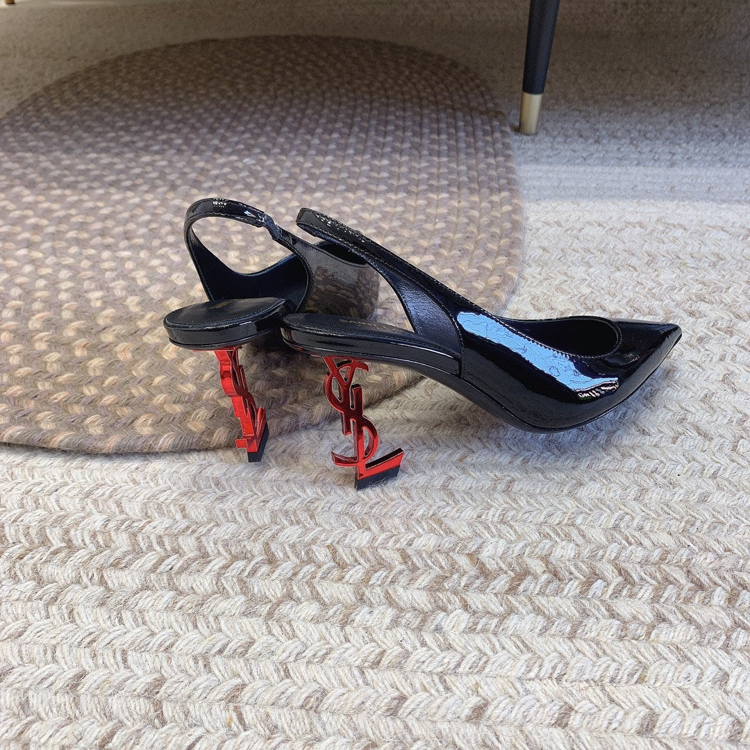 OPYUM RED HEEL SLINGBACK PUMPS IN BLACK GLOSSY CALFSKIN