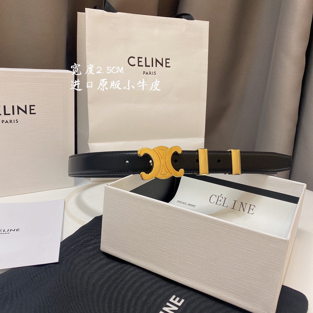 CL MEDIUM 25MM TRIOMPHE BELT IN BLACK CALFSKIN GOLD HARDWARE