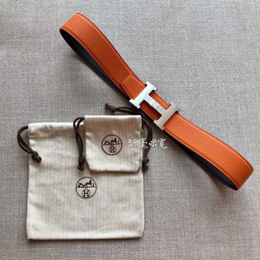HM BELT BUCKLE & REVERSIBLE BLACK AND ORANGE LEATHER STRAP 38MM SILVER HARDWARE