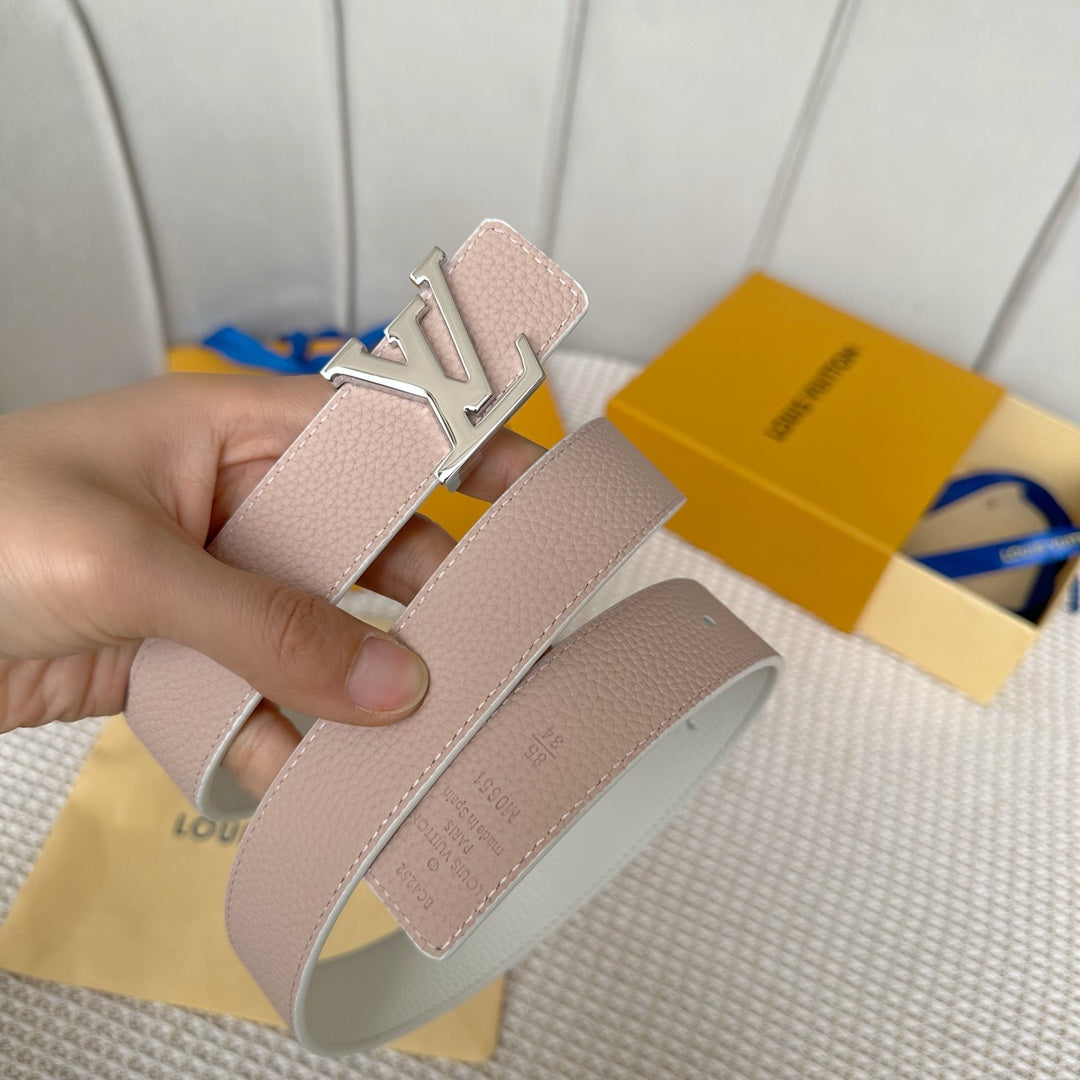 LV Initiales 30mm Reversible Belt Silver Buckle Pink White Leather