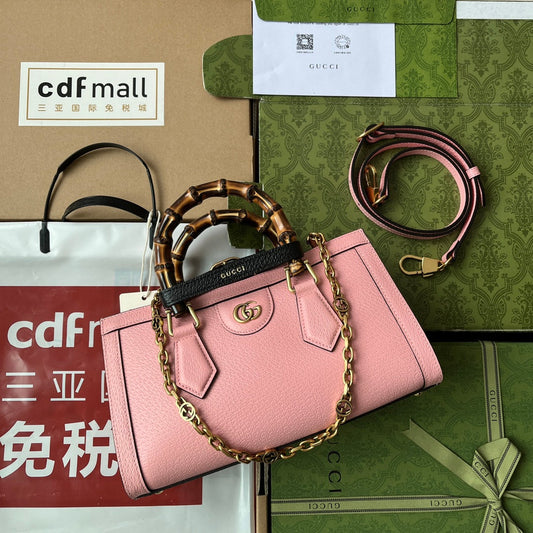 DIANA MEDIUM TOTE BAG 27 IN PINK CALFSKIN BAMBOO HANDLES