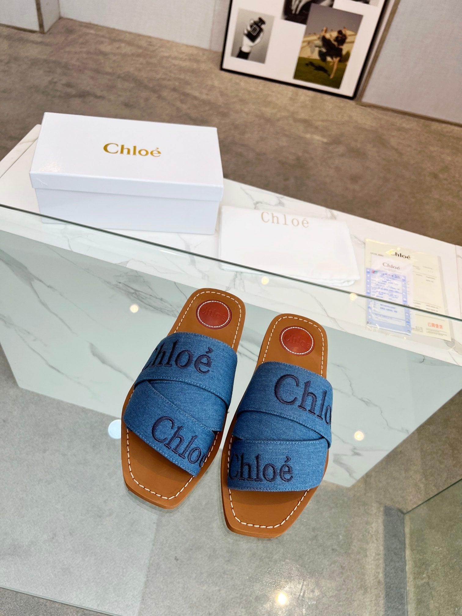 WOODY MULE IN COBALT BLUE DENIM WITH EMBROIDERED LOGO