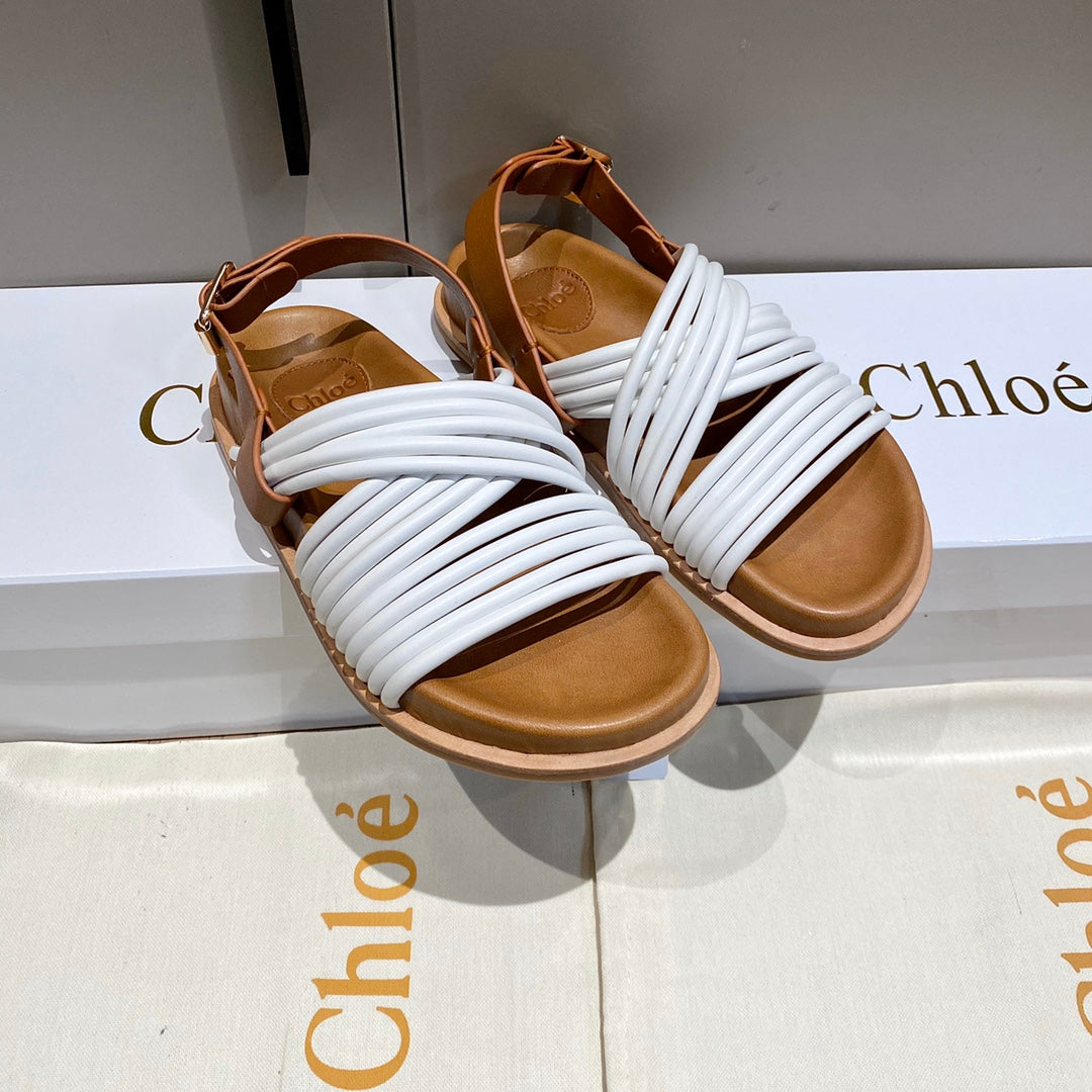 CROSS STRAP SANDAL IN WHITE MIX BRONZE BROWN RUBBER WITH GOLD HARDWARE