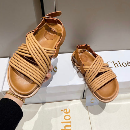 CROSS STRAP SANDAL IN BRONZE BROWN RUBBER WITH GOLD HARDWARE