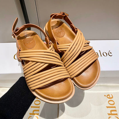 CROSS STRAP SANDAL IN BRONZE BROWN RUBBER WITH GOLD HARDWARE