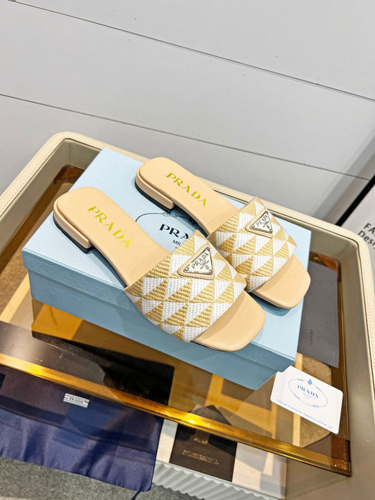 PRA EMBROIDERED SLIDES FLAT BEIGE FABRIC