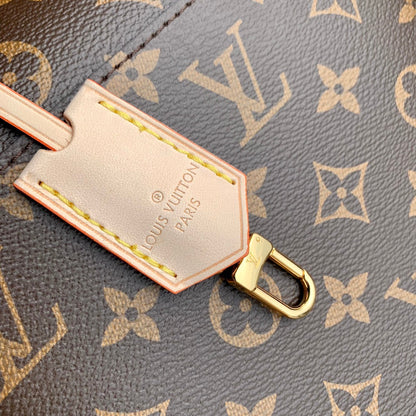 CLUNY MM HANDBAG 28 IN BROWN MONOGRAM CALFSKIN BEIGE BLACK EMBROIDERED LOGO CANVAS