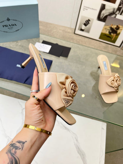 PRA FLOWER POINTED HEELS 55 BEIGE CALFSKIN