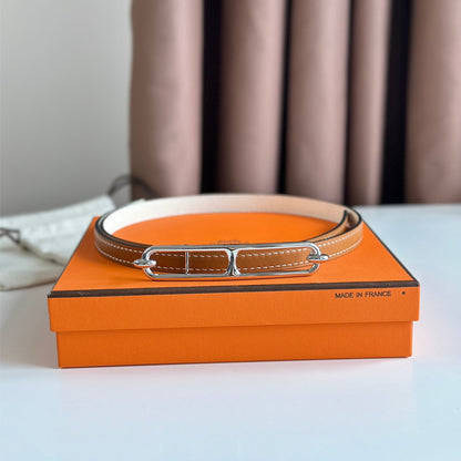 HM ROULIS BUCKLE & REVERSIBLE CINNAMON BROWN AND WHITE LEATHER STRAP 13MM SILVER HARDWARE