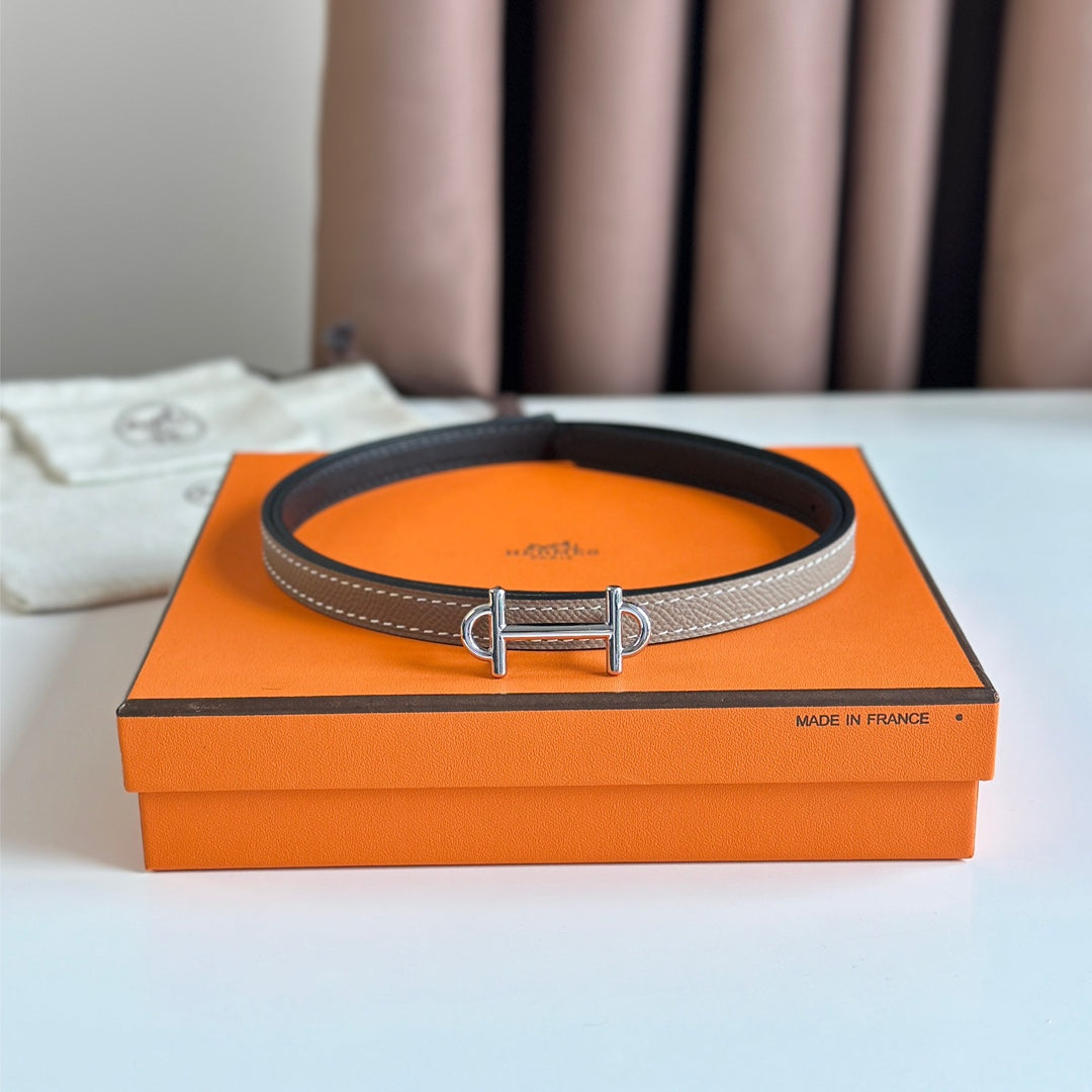 HM GAMMA BUCKLE & REVERSIBLE KHAKI BROWN AND BLACK LEATHER STRAP 13MM SILVER HARDWARE