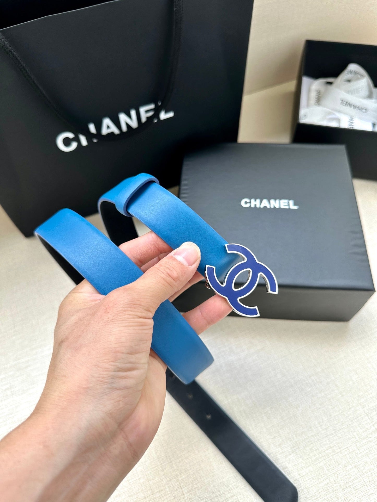 CC 30MM BELT IN COBALT BLUE SMOOTH CALFSKIN METAL HARDWARE