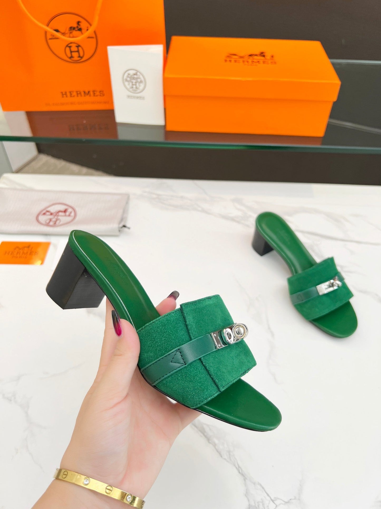 Gigi 50 Sandal Green Suede Green Calfskin