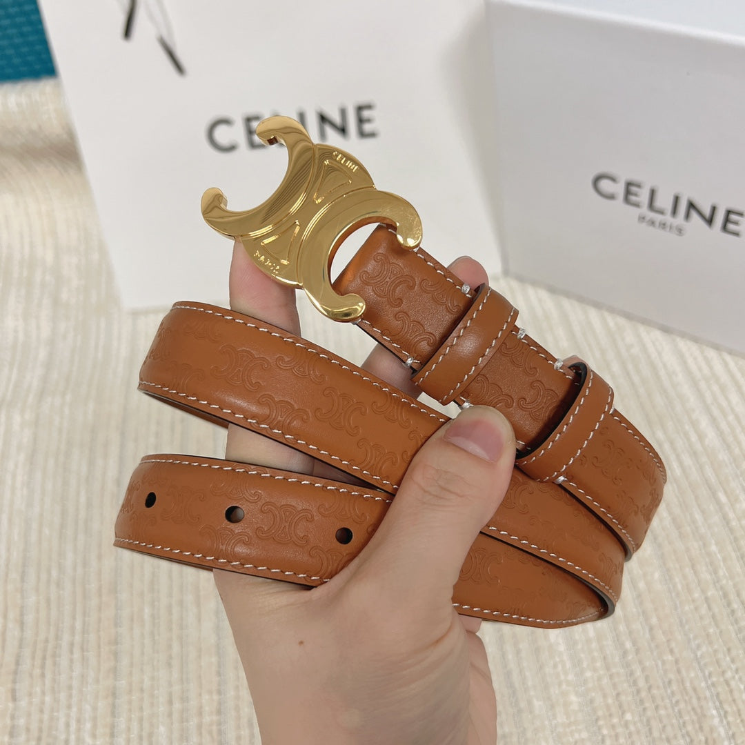Medium Triomphe Belt 25mm Tan Calfskin with Triomphe Embossed Ghw
