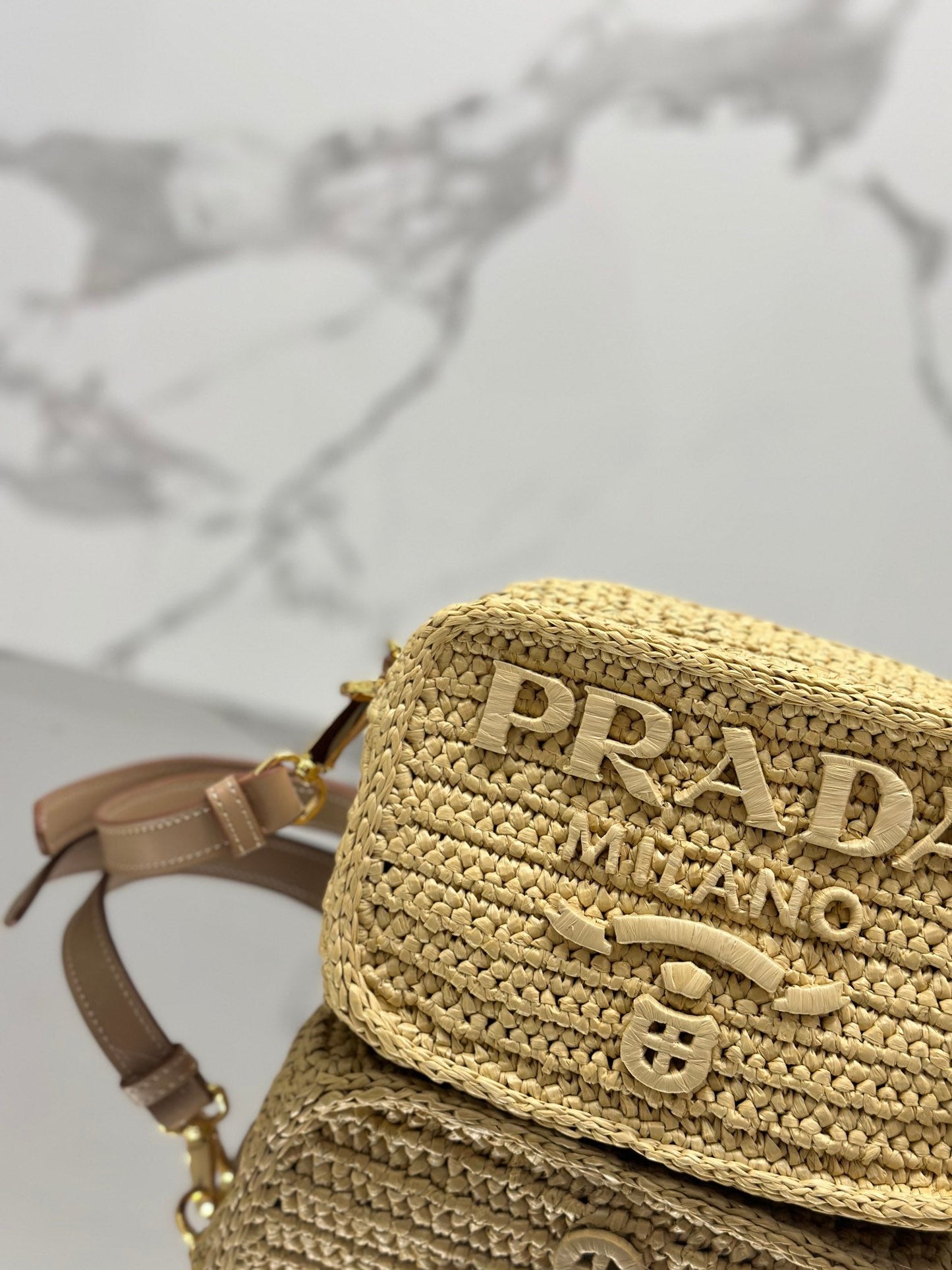 CAMERA BAG 20 IN BEIGE WOVEN RAFFIA