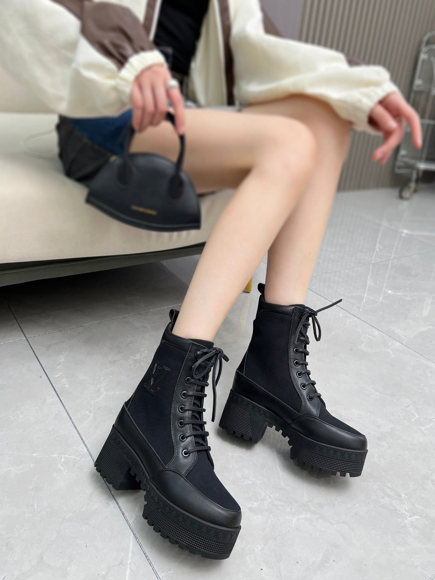 LAUREATE PLATFORM DESERT BOOT IN BLACK JACQUARD AND CALFSKIN
