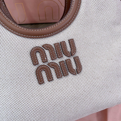 SMALL TOTE BAG 22 IN WHITE CANVAS AND BROWN CALFSKIN TRIM