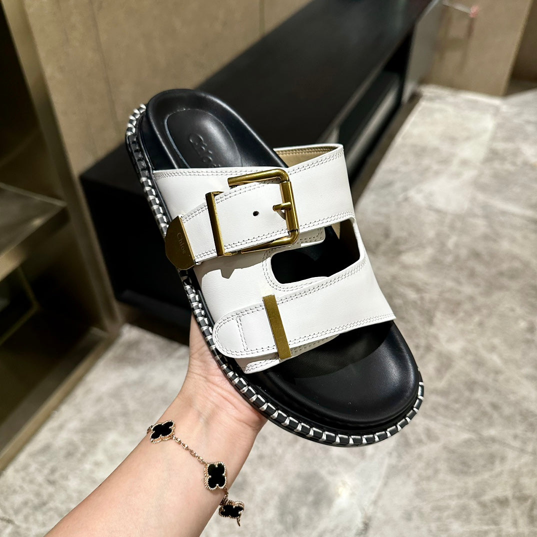 DAD SANDALS IN WHITE CALFSKIN WITH GOLD HARDWARE