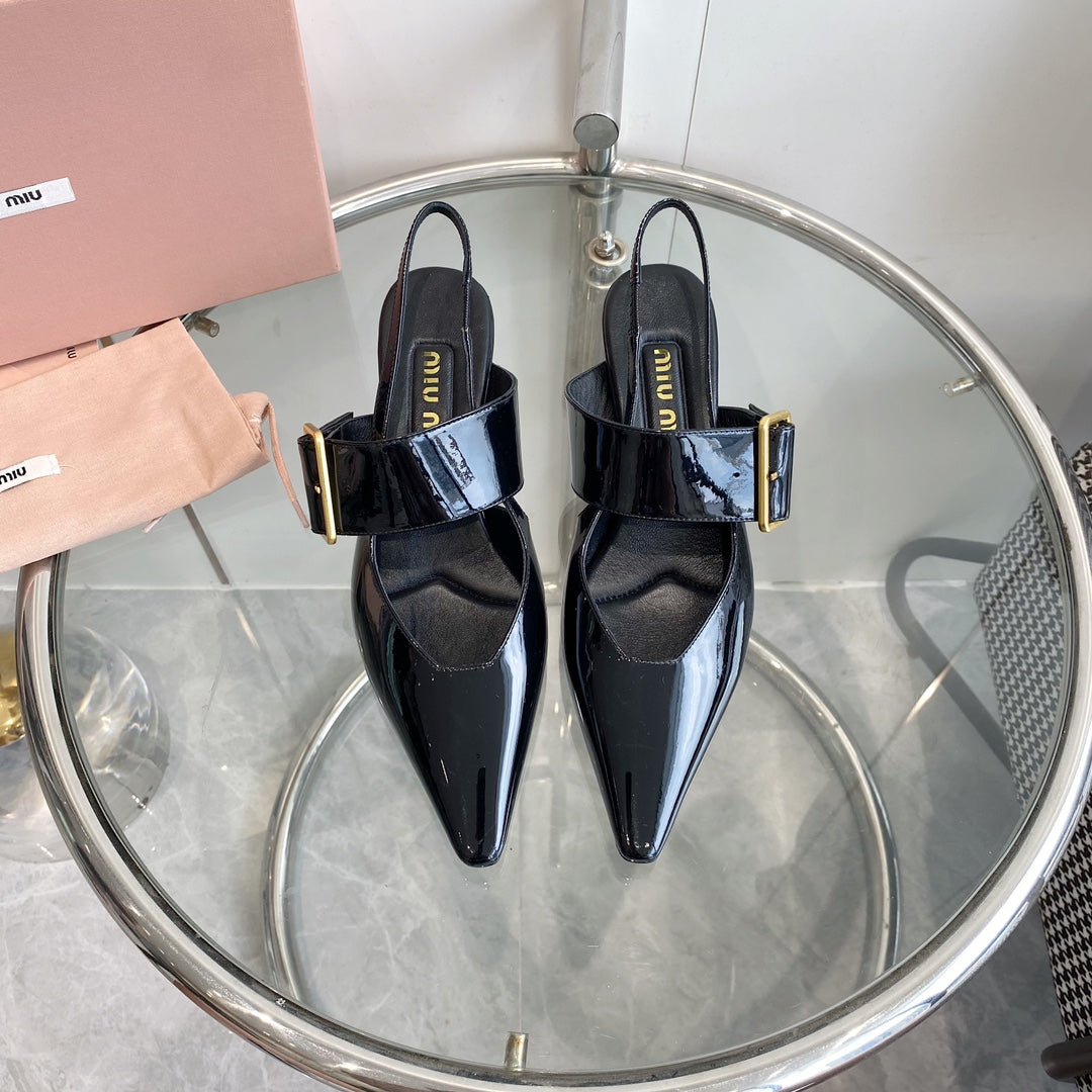 HIGH-SLINGBACK POINTED TOE SANDALS BLACK COWHIDE