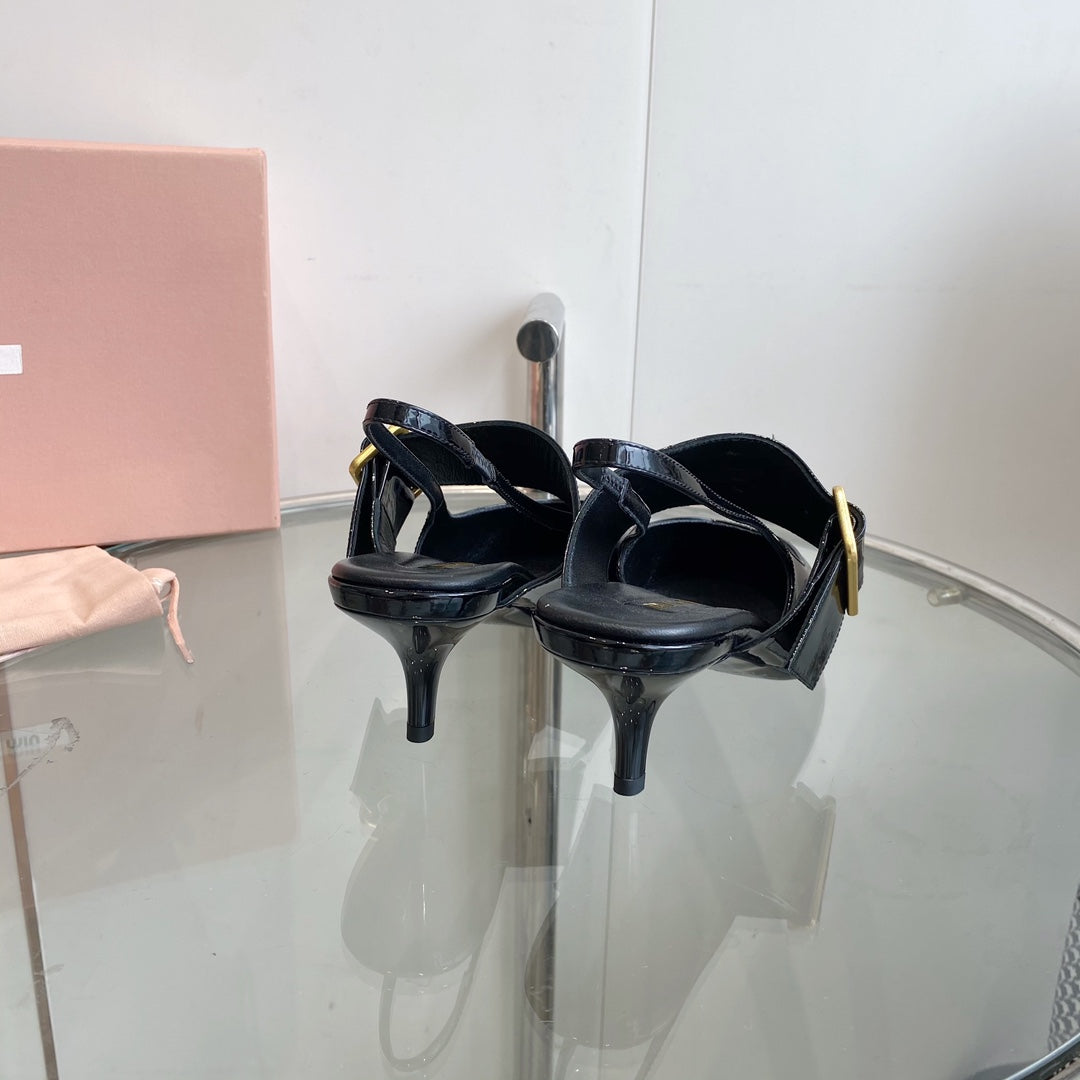 HIGH-SLINGBACK POINTED TOE SANDALS BLACK COWHIDE