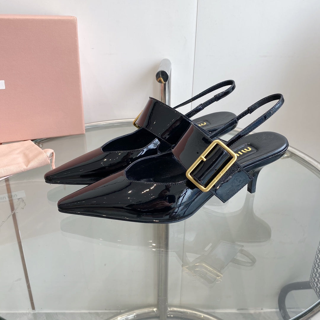 HIGH-SLINGBACK POINTED TOE SANDALS BLACK COWHIDE