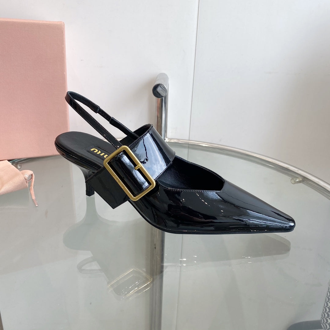 HIGH-SLINGBACK POINTED TOE SANDALS BLACK COWHIDE