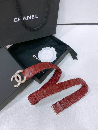 CC ELASTIC BELT 30MM IN WINE RED CALFSKIN GOLD HARDWARE WITH RHINSTONES