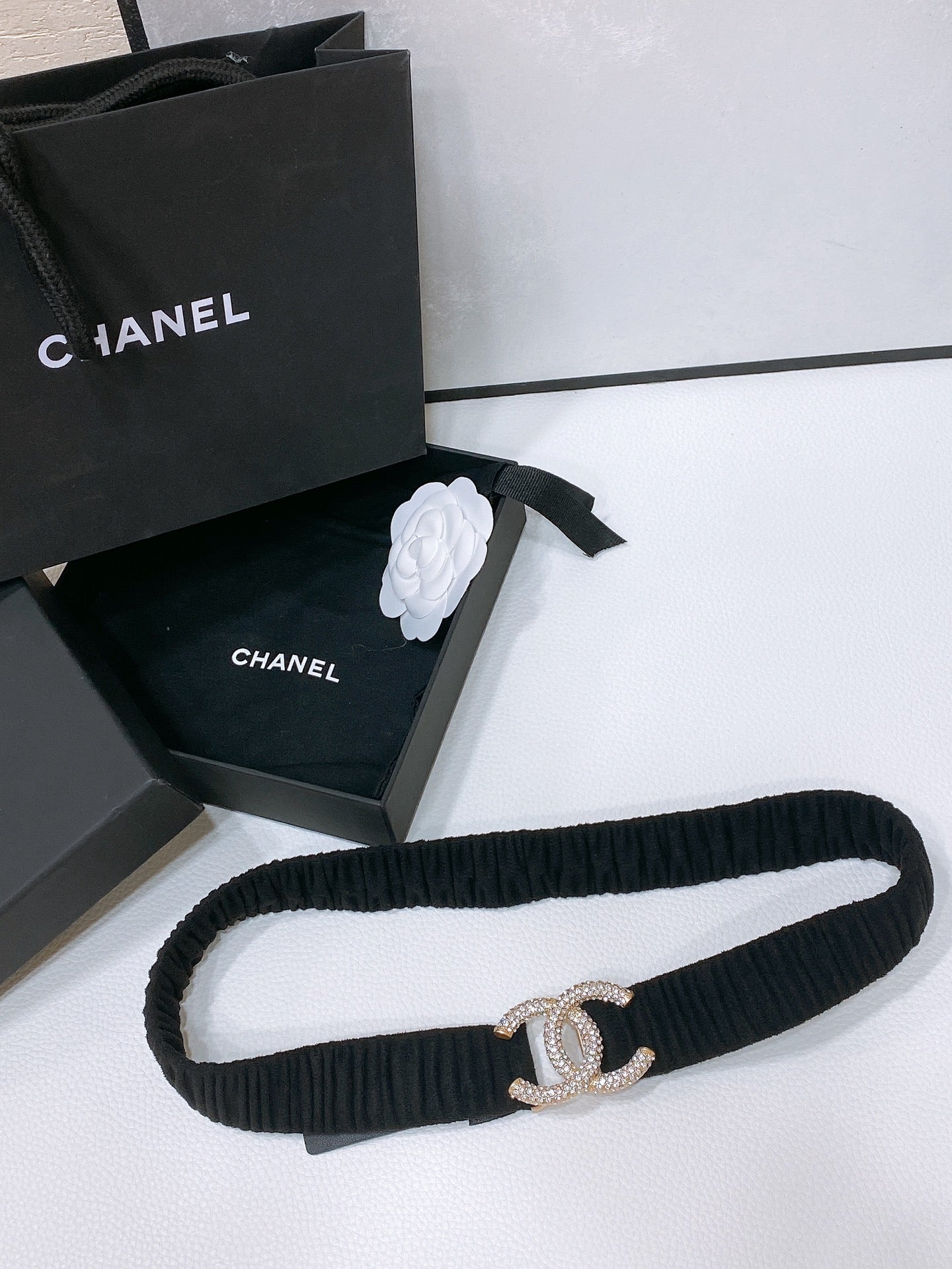CC ELASTIC BELT 30MM IN BLACK WOOL FABRIC GOLD HARDWARE WITH RHINSTONES