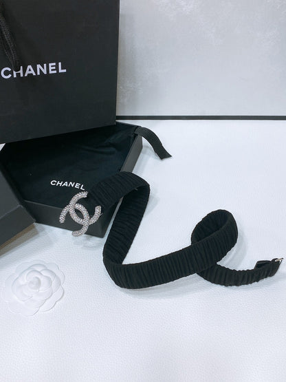 CC ELASTIC BELT 30MM IN BLACK WOOL FABRIC SILVER HARDWARE WITH RHINSTONES