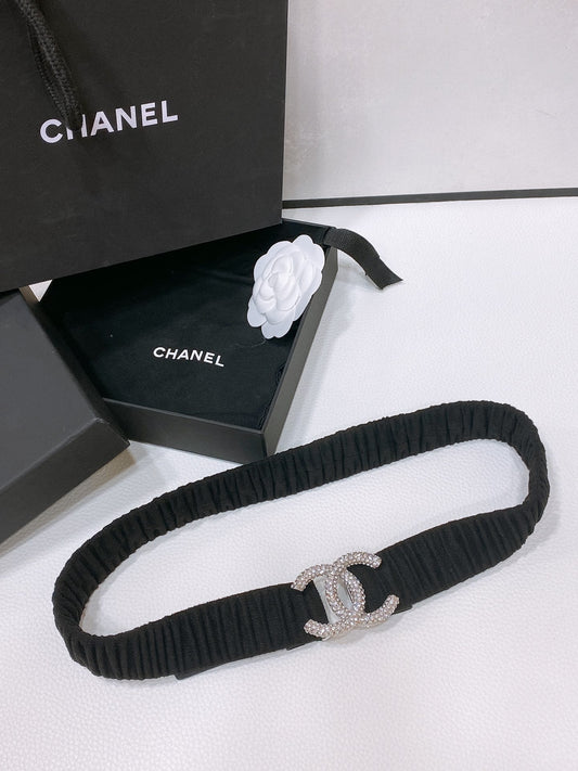 CC ELASTIC BELT 30MM IN BLACK WOOL FABRIC SILVER HARDWARE WITH RHINSTONES