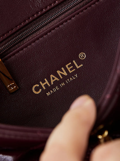 FLAP BAG WITH TOP HANDLE 25 IN WINE RED OIL-WAX LAMBSKIN GOLD HARDWARE