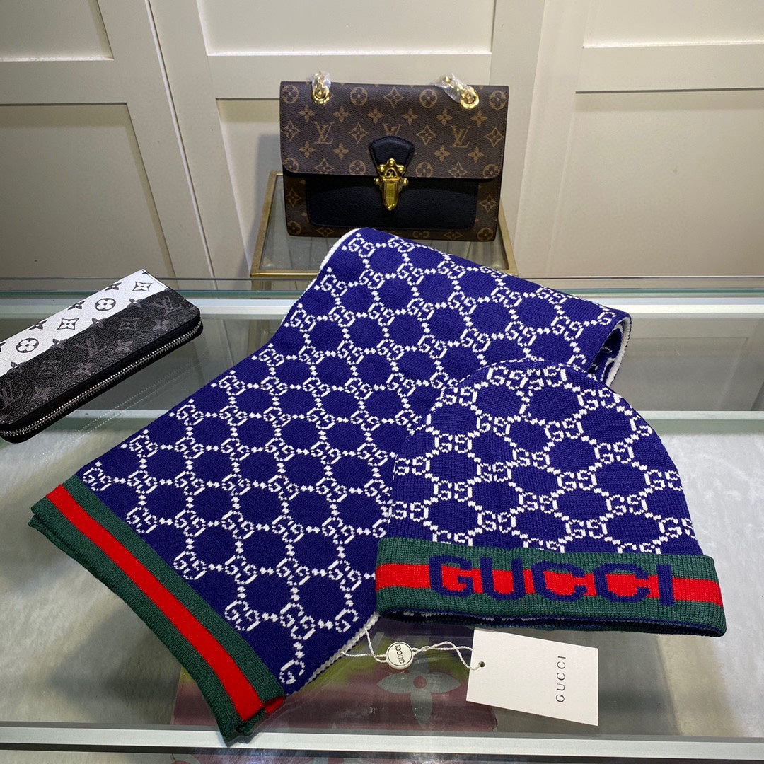 SET SCARF AND HAT IN NAVY BLUE MONOGRAM CASHMERE 349665