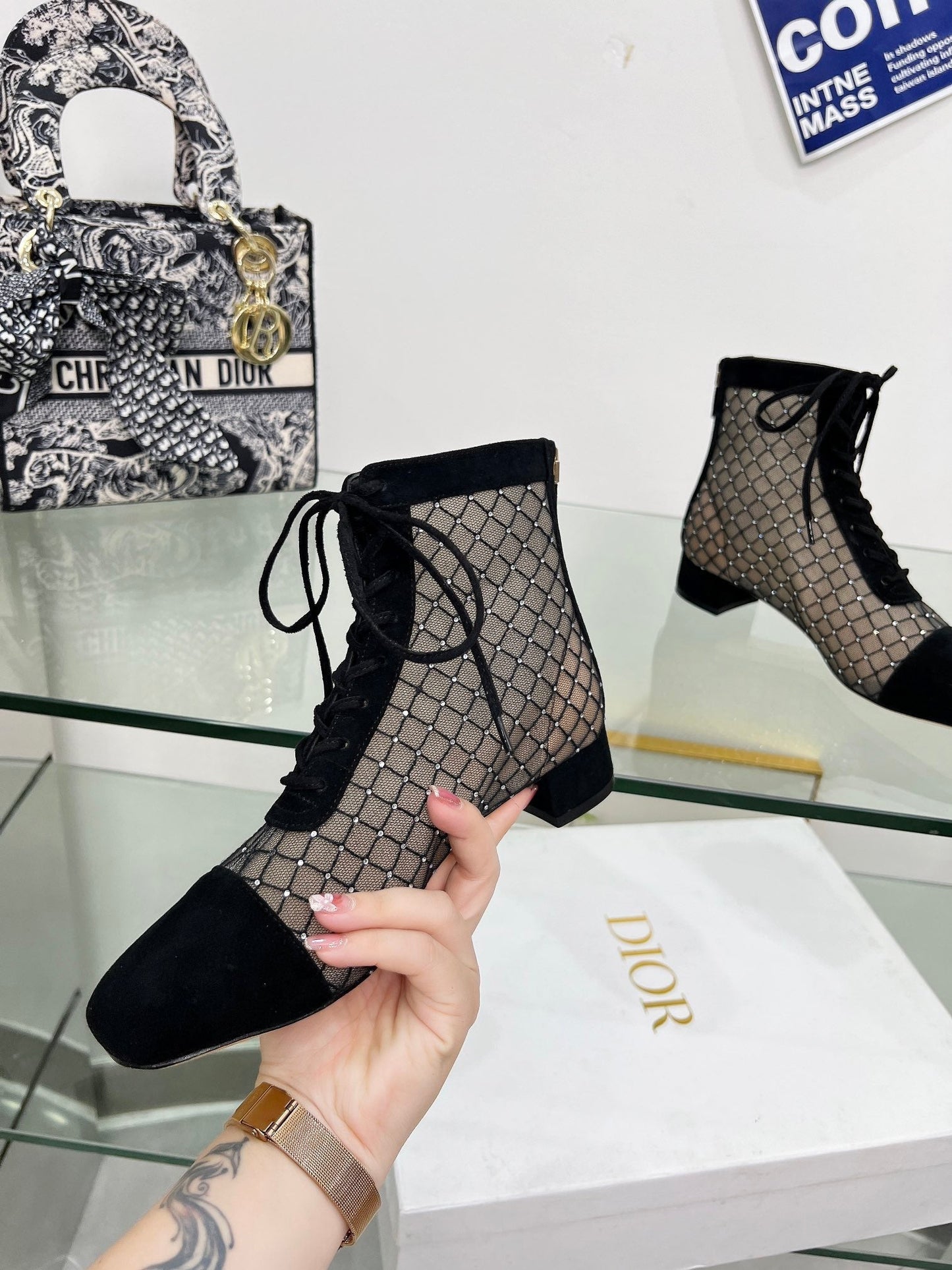 NAUGHTILY-D HEELED ANKLE BOOT IN BLACK EMBROIDERED MESH AND SUEDE 35 MM