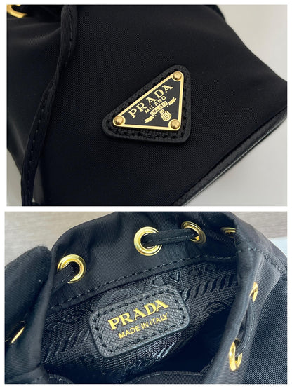 MINI BUCKET BAG 10 IN BLACK RE-NYLON AND SAFFIANO LEATHER STRAP