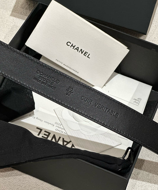 DOUBLE C BELT 30MM IN BLACK CALFSKIN GOLD BUCKLE WITH EMBOSSED CHECK PATTERN