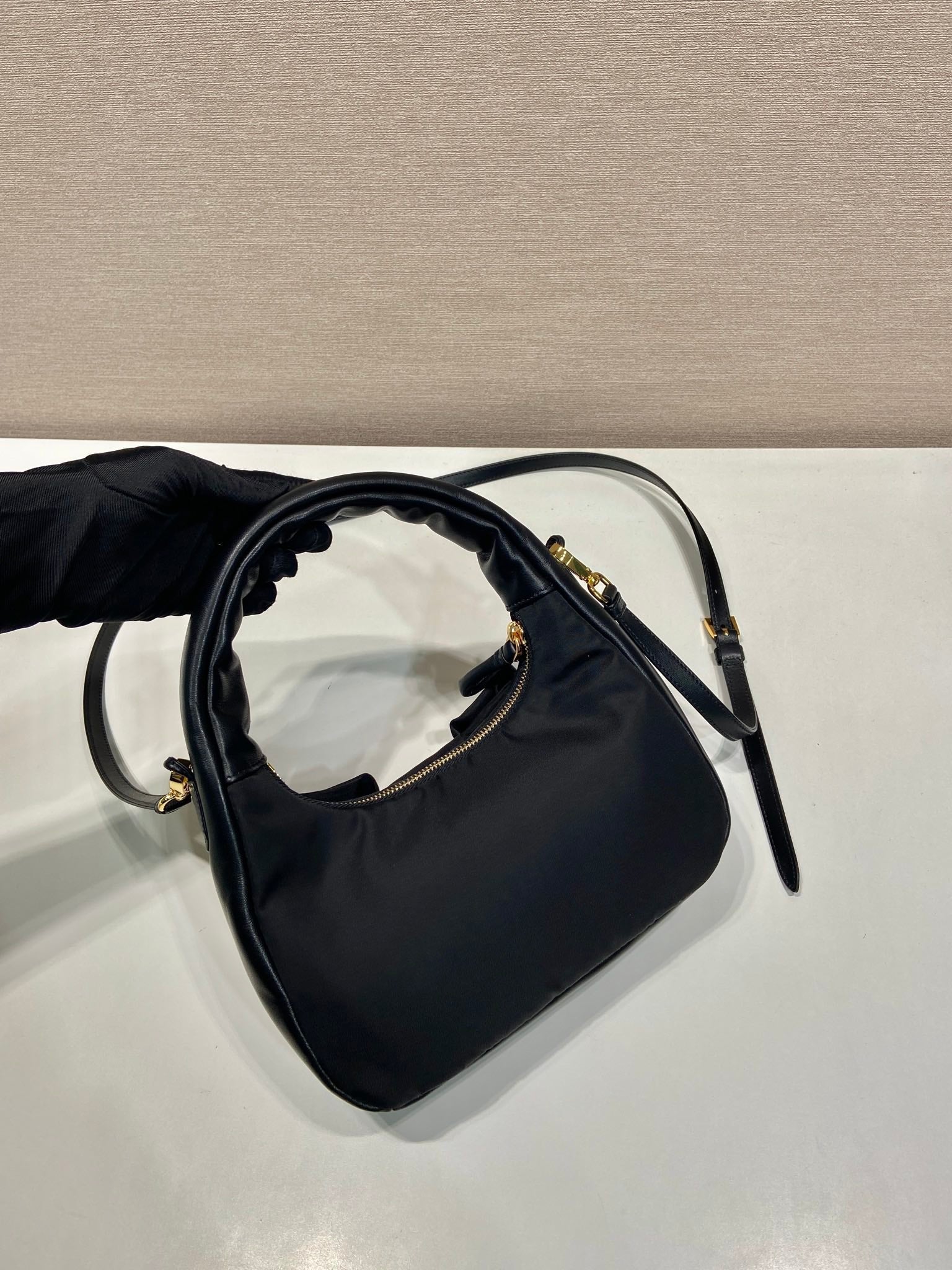 BOW HOBO BAG 22 IN BLACK RE-NYLON AND LAMBSKIN