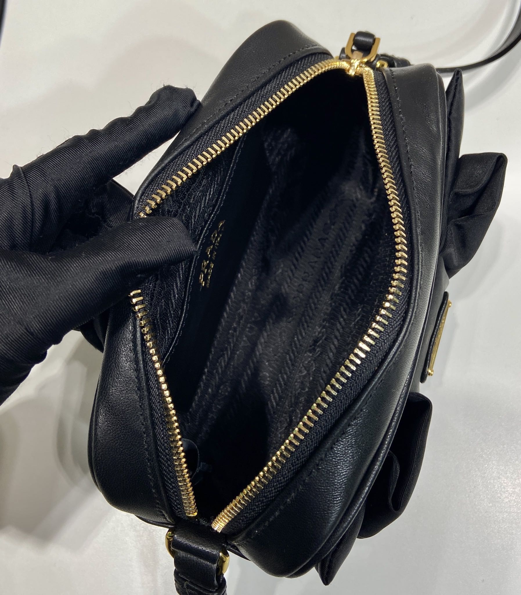 BOW BAG 18 IN BLACK RE-NYLON AND LAMBSKIN