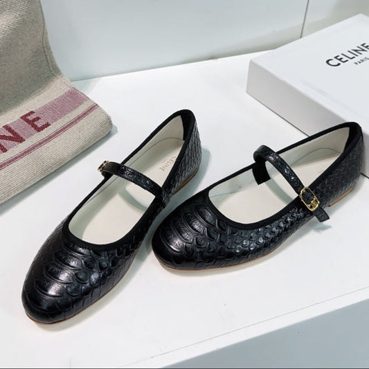 BLACK PYTHON PRINT LEATHER BALLET FLATS