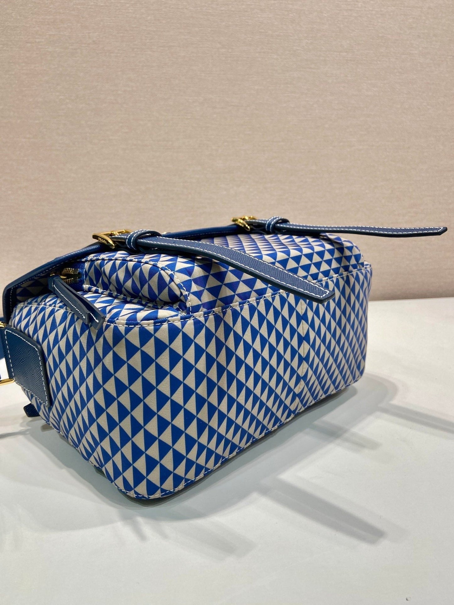 MESSENGER BAG 25 IN BLUE MIX WHITE TRIANGLE PATTERN EMBROIDERED FABRIC