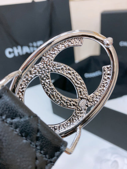 DOUBLE C BELT 38MM IN BLACK QUILTED LAMBSKIN WITH SILVER OVAL BUCKLE AND CENTERED LOGO