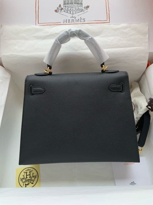 HERM Kelly, 25cm, Noir, Epsom