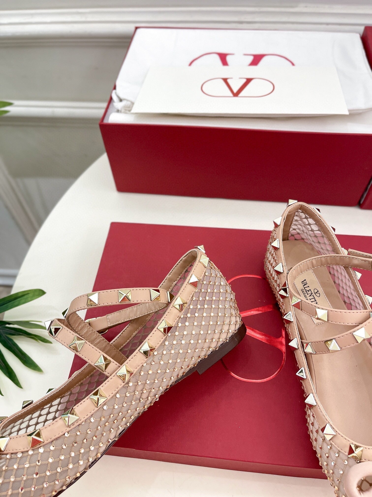 BALLET FLATS ROCKSTUD MESH WITH CRYSTALS IN ROSE CANNELLE