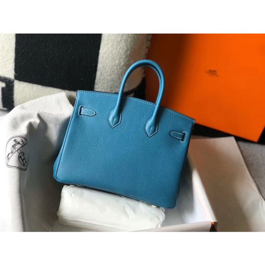HERM Birkin 25cm Bag In Blue Jean Clemence Leather GHW