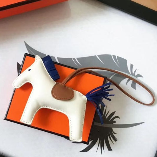 HERM Rodeo Horse Bag Charm In White/Camarel/Blue Leather