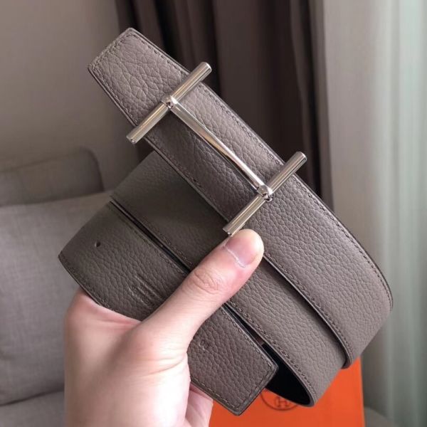 HERM H d'Ancre Reversible Belt In Grey/Noir Leather