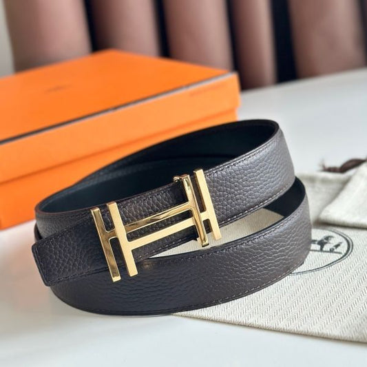 HERM H au Carre Reversible Belt 32MM in Chocolate Clemence Leather