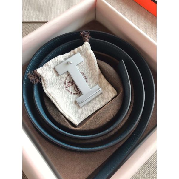 HERM Quizz 32mm Reversible Belt In Blue Clemence Leather